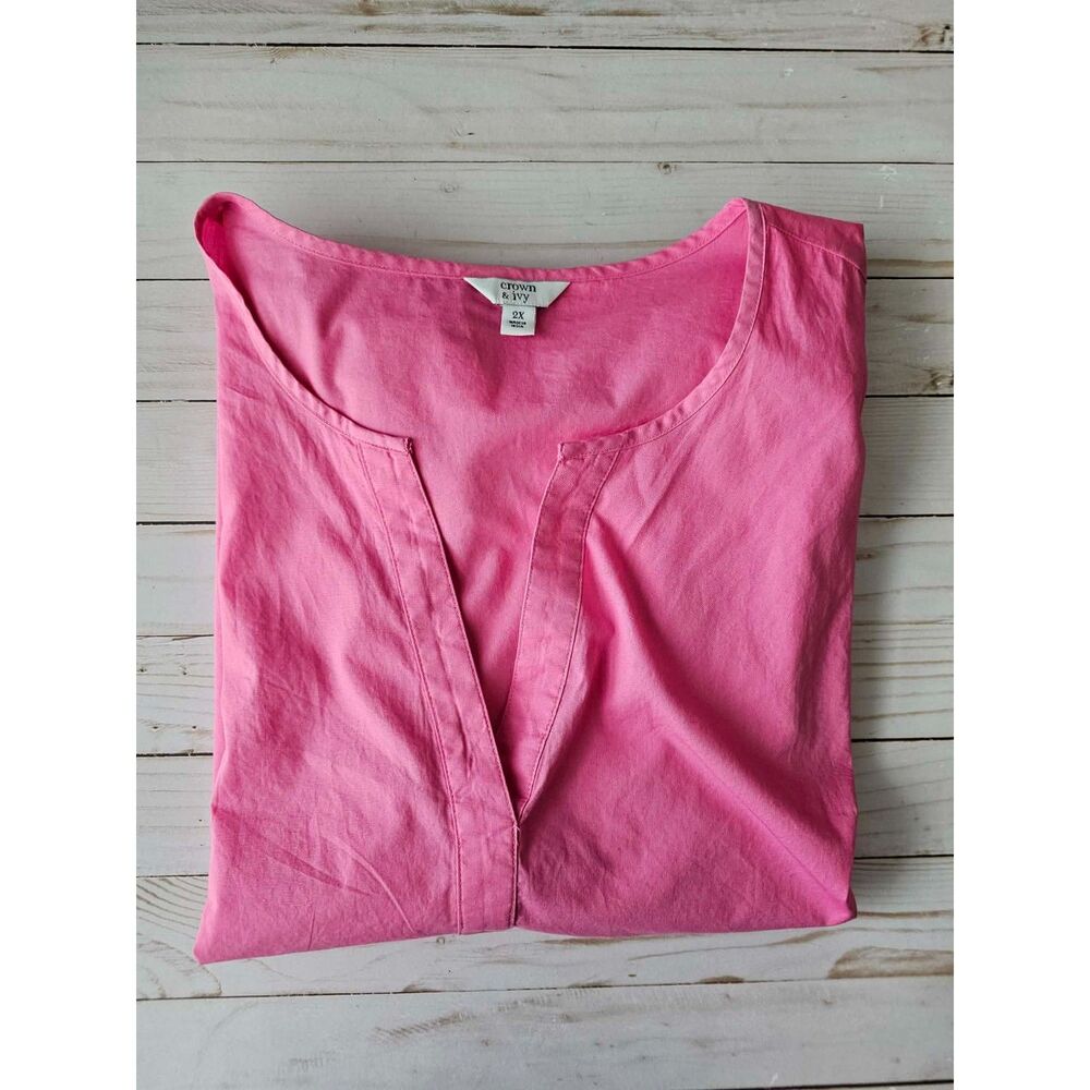 Crown & Ivy Women’s 2X Pink Tunic Blouse Short Sleeve V-Neck Lightweight Top